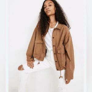 C&C California Brown Linen Blend Utility Cropped Bomber Jacket NWT Size L